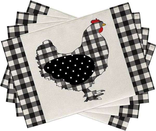 Farm Chicken Hen Animal Placemats Set of 4, Black White Buffalo Check Plaid Farmhouse Chick Dining Table Place Mats, Spring Summer Country Rustic Kitchen Decor Home Decoration 12 X 18 Inch1