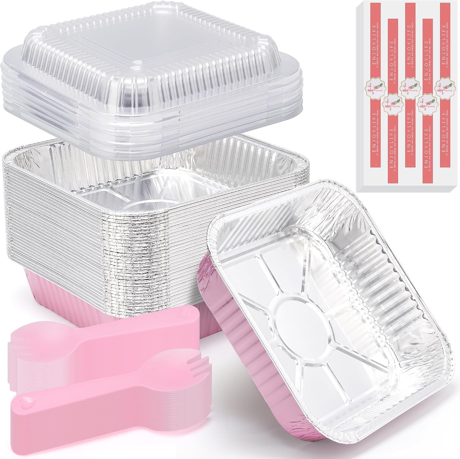35-packpink-8x8-inch-disposable-aluminum-foil-pans-square-cake-pans-for-parties-clear-plastic-lids-eco-friendly-baking-trays-with-stickers-cake-spoons-picnics-casseroles-takeout-recyclable-cookware