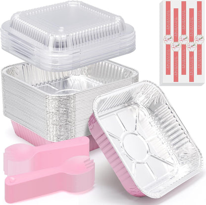 (35 Pack)Pink 8X8 Inch Disposable Aluminum Foil Pans&Square Cake Pans for Parties, Clear Plastic Lids,Eco-Friendly Baking Trays with Stickers&Cake Spoons,Picnics,Casseroles,Takeout,Recyclable Cookware1