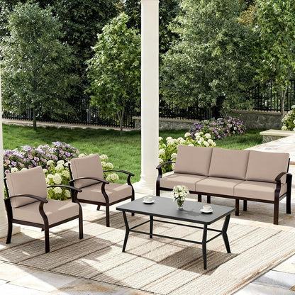 Aluminum Patio Furniture Set with Coffee Table Rectangular，5-Seat Outdoor Sectional Furniture W/5.1" Cushions，Patio Conversation Set for Porch, Backyard, Poolside-Sand2