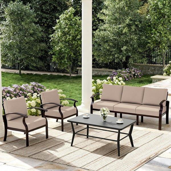 Aluminum Patio Furniture Set with Coffee Table Rectangular，5-Seat Outdoor Sectional Furniture W/5.1" Cushions，Patio Conversation Set for Porch, Backyard, Poolside-Sand2