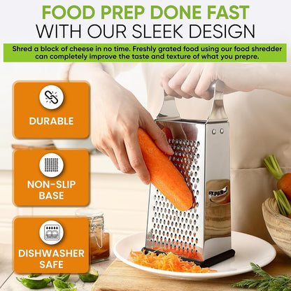 Stainless Steel Cheese Grater, Large Box Grater for Kitchen | 4 Sided Handheld Vegetable Shredder, Kitchen Food Grater for Cheese, Potato, Carrot, Ginger, Veggie, Dishwasher Safe5