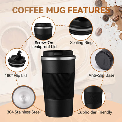 12OZ Travel Coffee Mug Insulated Coffee Cup with Spill Leak Proof Lid, Portable Stainless Steel Tumbler Reusable Hot and Cold Water Mug for Car, Daily, Camping-Black5