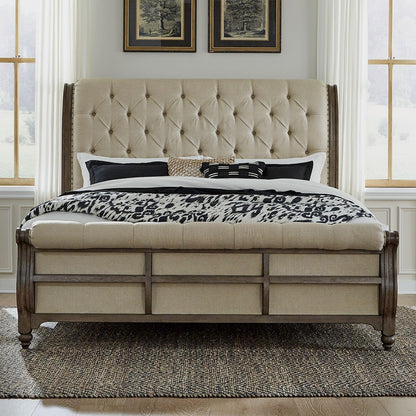 Liberty Furniture Americana Farmhouse King Sleigh Bed Traditional Bedroom Upholstered Bed Frame - Dusty Taupe & Black Oak Wood1