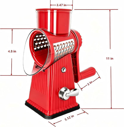 Rotary Cheese Grater with 5 Well-Designed Blades & Strong Suction Base, Kitchen Mandoline Vegetable Slicer with Blade Storage Box (RED)2