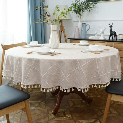 Heavy Weight Cotton Linen Tablecloth, Plaid Tassel round Table Cover for Kitchen Dining Room Tabletop Decorations, round - 63", Beige2
