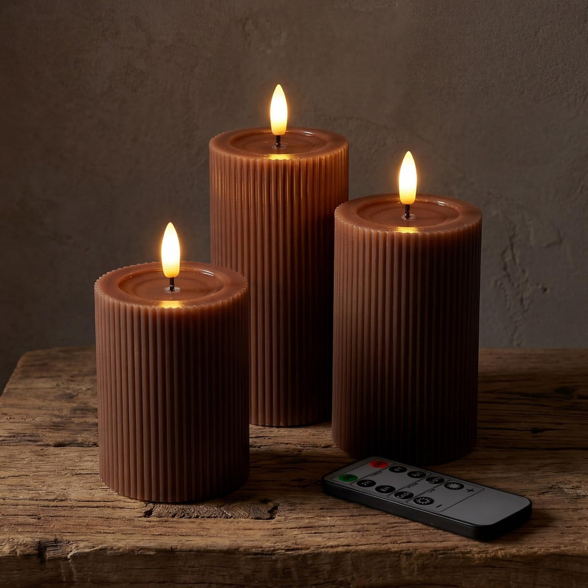 fluted-ribbed-led-pillar-candles-brown-with-reflective-melted-wax-effect-flickering-flame-remote-dimmable-flameless-battery-operated-home-wedding-decor-set-of-3