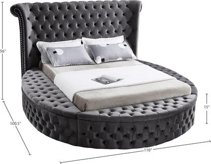 Meridian Furniture Luxus Collection Modern Contemporary round Shaped Velvet Upholstered Bed with Deep Button Tufting and Footboard Storage, King, Grey3