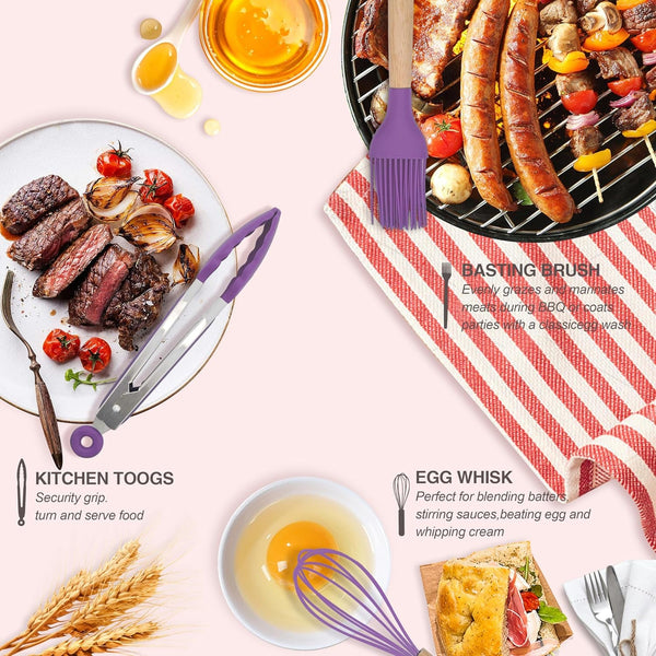 Kitchen Utensils Set 12 Pieces Nonstick Silicone Cooking Utensils Wood Handle Silicone Cooking Utensils Set with Holder Dishwasher Safe BPA Free (Purple)7