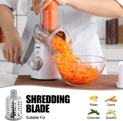 Rotary Cheese Grater Hand Crank, Cheese Shredder Vegetable Slicer | 3 Blades, 430 Stainless Steel, 12X Fast Cutting, Strong Suction Base, No BPA, Dishwasher Safe, for Cheese, Veggie, Nut4