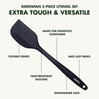 5 Piece Cooking Utensil Set, Flexible Nonstick Silicone, Stain-Free, Tongs, Turner, Spatula, Skimmer, and Slotted Spoon, Black3