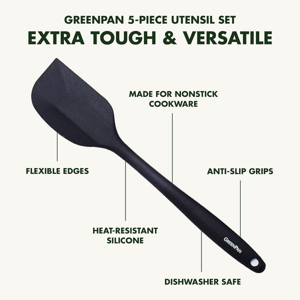 5 Piece Cooking Utensil Set, Flexible Nonstick Silicone, Stain-Free, Tongs, Turner, Spatula, Skimmer, and Slotted Spoon, Black3