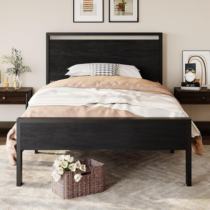 14 Inch Twin Size Metal Platform Bed Frame with Wooden Headboard and Footboard, Mattress Foundation, No Box Spring Needed, Large under Bed Storage, Heavy Duty Slats Support, Black Oak8