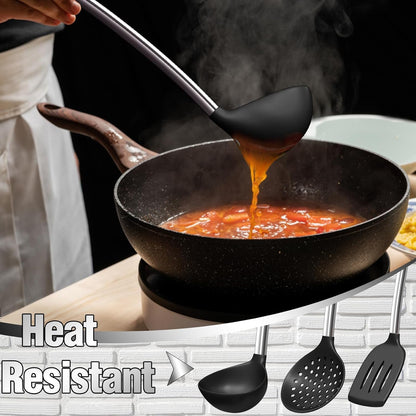 Thickened Kitchen Utensils Set- Silicone Cooking Utensils Set for Nonstick Cookware-Silicone Spatulas Set, Heavy Duty Stainless Steel Handle-Black Kitchen Gadgets Tools Set6