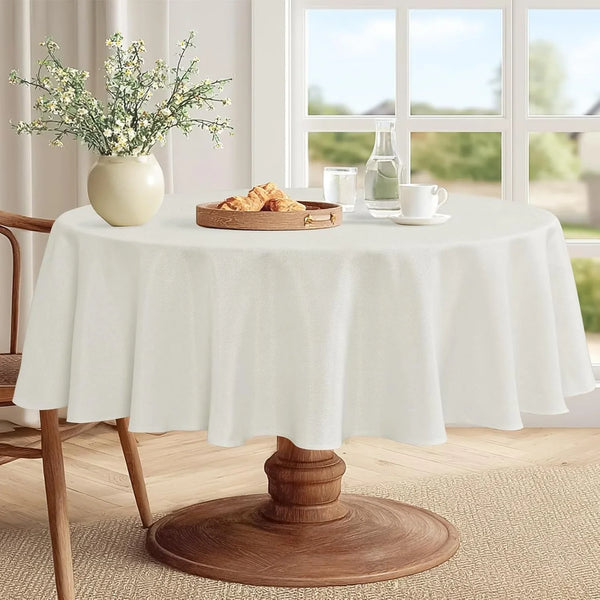 round Table Cloth Faux Linen Farmhouse Tablecloth Wrinkle & Stain Resistant Table Cover for Kitchen Dining, Holiday Party Dinner, White, 70 Inch Round2