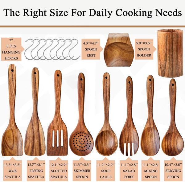 Wooden Kitchen Utensil Set with Holder & Spoon Rest, 10 Piece Premium Teak Wooden Spoons for Cooking, Smooth Wood Utensil Set with Spatulas, Spoons, Salad Fork, Skimmer, Soup Ladle & 8 Hooks3