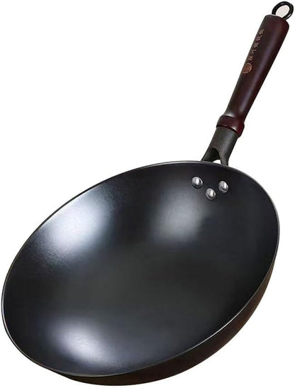 Cast Iron Wok Pan 12.6 Inch with Wooden Handle, Chinese round Bottom Cooking Wok Small Size Coating Free1