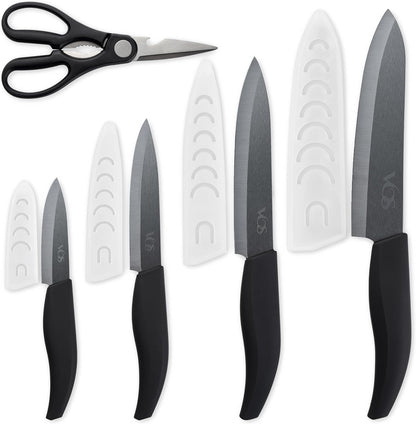 Ceramic Knives Set for Kitchen in Gift Box, 5 Ceramic Knife with Cover with Scissors, 3" 4" 5" 6" Ultra Sharp Knives for Home Cooks, Lightweight, Rust-Free, Dishwasher Safe (Black Handle)1