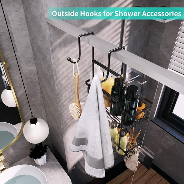 Hanging Shower Caddy over the Door with Soap Holder, No Drilling Adhesive Shower Organizer with 11 Hooks, Rustproof & Waterproof 304 Stainless Steel Bathroom Shelves - Black6