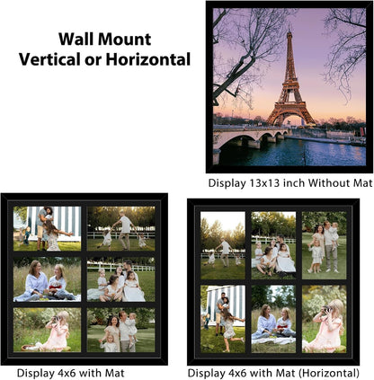 4X6 Picture Frame Collage for Wall, Display 6 Pcs 4X6 Photos with Mat or 13X13 without Mat, 6 Opening Photo Frame for 4 X 6 Pictures with Shatter Resistant Plexiglass, Black Mat, Black8