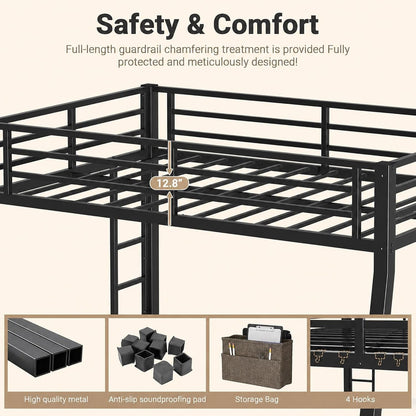 Heavy-Duty Metal Full XL over Queen Bunk Bed with Bedside Caddy, Black4
