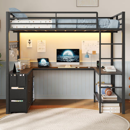Full Size Loft Bed with Desk, LED Lights and Charging Station, Loft Bed Full Size with 6 Storage Drawers & 2 Shelves, Loft Bed Frame with Safety Guardrail & Ladders, No Box Spring Needed, Black9