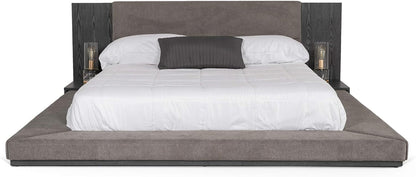 Eastern King Platform Bed, 102X96 In, Polyester Upholstered, Gray Wash Veneer Finish, Built-In Nightstands, Slatted Frame, Modern Bedroom Furniture7