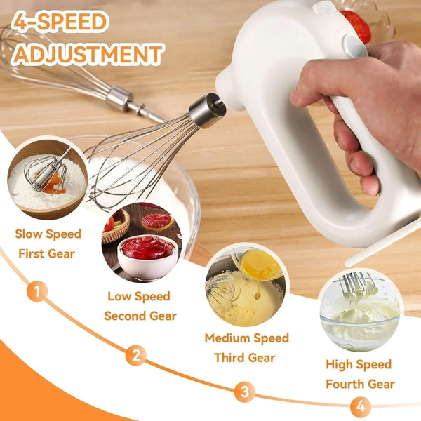 Cordless Hand Mixer, Electric Hand Whisk Portable Egg Beater Handheld Egg Beater Electric Handheld 4 Speed Adjustable Mini Hand Mixer Electric Mixer, USB Charing, 1500Mah(White)3