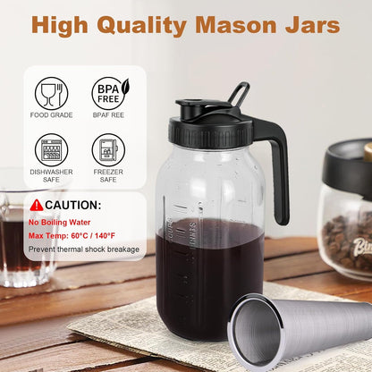 Cold Brew Coffee Maker, 64 Oz Mason Jar Pitcher with Stainless Steel Filter, Pour Spout Handle Lid, Airtight & Leak-Proof for Iced Coffee,Tea & Lemonade2