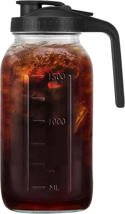 64Oz(2 Quart) Mason Jar Pitcher, Glass Pitcher with Lid for Cold Brew | Airtight, Leakproof, Pour Spout Lid, Ergonomic Handle, Wide Mouth, Thick Glass, Fridge & Dishwasher Safe, for Sun & Iced Tea1