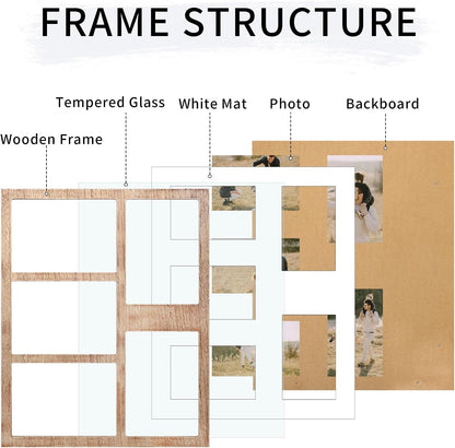4X6 or 5X7 Picture Frames, Rustic Brown Wooden Frame with Real Glass, Displays Pictures Five 4X6 with Mat or 5Pcs 5X7 without Mat for Wall Mounting, Photo Collage Frame3