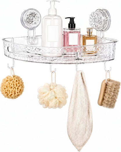 Corner Shower Caddy with Suction Cups, No Drill Corner Shower Shelf Organizer with Hooks, Clear Shower Storage Rack for Tile, Glass & Smooth Surfaces, White/Clear1
