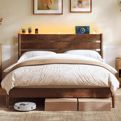 Queen Bed Frame, Wood Platform Bed with Headboard Storage Shelf1