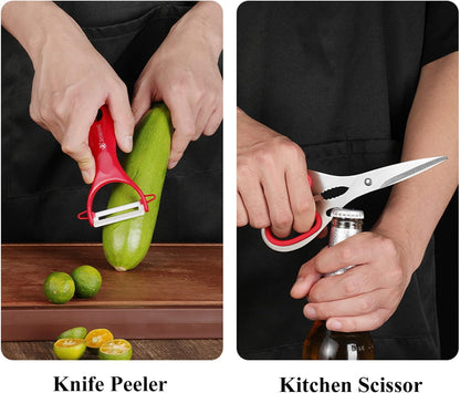 9 Pcs Wine Red Sharp Stainless Steel Kitchen Knife Set with Block for Gift | Non Stick,Chef Knife with Sharpener,Ergonomic Handle,Acrylic Holder,Gift Ready Cutlery Set for Women,Easy Care6