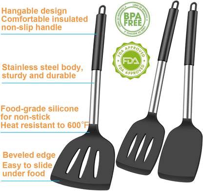 3Pcs Silicone Spatula Set Heat Resistant Spatulas for Nonstick Cookware Fish Turner Plastic Spatulas Rubber Wok Spatula, Long Large Spatula Silicone Cooking Use Kitchen Utensils Set2