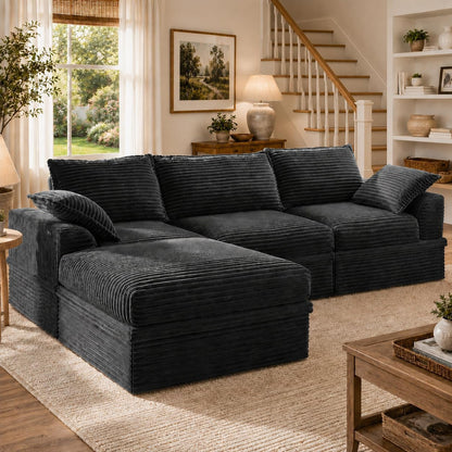 Upgraded Boneless Couch with Storage, Sectional Couches for Living Room, L-Shaped Modular Cloud Corduroy Sofa with Ottoman & Pillows, Oversized Deep Seat Memory Foam Couch, No Assembly(Gray, 107" L)1