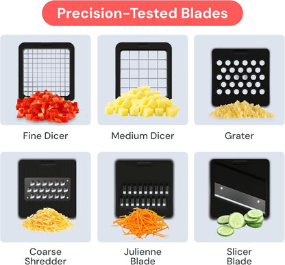 Pro Core Vegetable Chopper & Mandoline Slicer, Meal Prep Essential | 6 in 1 Veggie Slicer, Onion & Fruit Slicer with Julienne, Grater & Dicer Stainless Steel Blades + Container (White)4