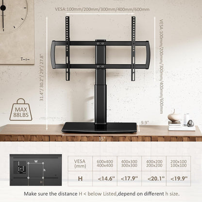 Universal Swivel TV Stand/Base Table Top TV Stand 32 to 65 Inch Tvs 80 Degree Swivel, 4 Level Height Adjustable, Heavy Duty Tempered Glass Base, Holds up to 88Lbs Screens, HT04B-0027