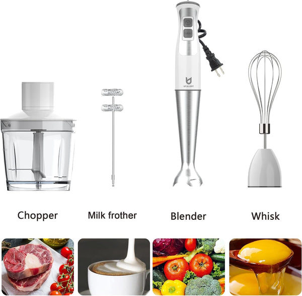 Immersion Hand Blender with Chopper - Puree Baby Food, Sauce & Soup | 8-Speed, Pure Copper Winding Motor, 5.2 Feet Power Cord, 4-Point Ice Crush Blade, 500Ml Chopper, 600Ml Vessel, Whisk, Frother3