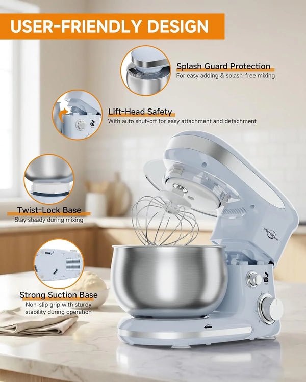 Stand Mixer 3.4QT Kitchen Electric Standing Mixer 6+P Speed 3-In-1 Blue | Household Mixers with Whisk,Dough Hook,Flat Beater&Splash Guard, Small for Baking Cheesecake and Bread in Kitchens5