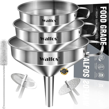Stainless Steel Funnel,  3 Pack Kitchen Funnel with 2 Removable Strainer ＆ 1Pcs Cleaning Brush, Perfect for Transferring of Liquid, Oils, Jam, Dry Ingredients & Powder1