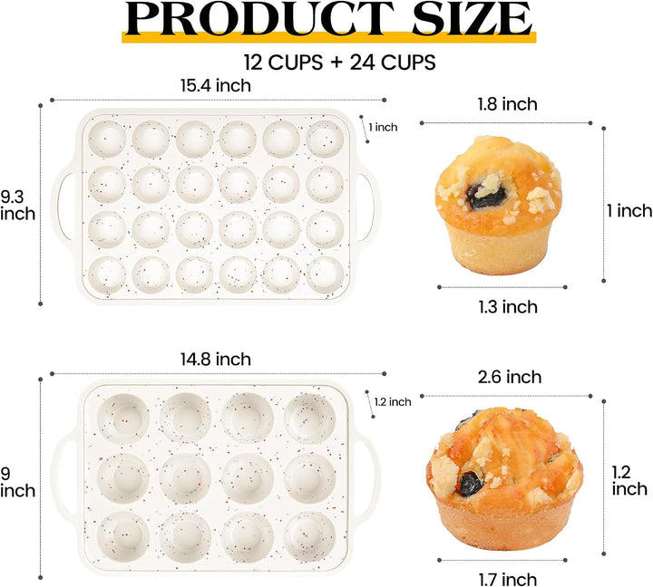 2 Pcs Silicone Muffin Pans for Baking, Cream | Regular 12 Cup and Mini 24 Cup, with Metal Reinforced Frame, Silicone Cupcake Mold, BPA Free+2