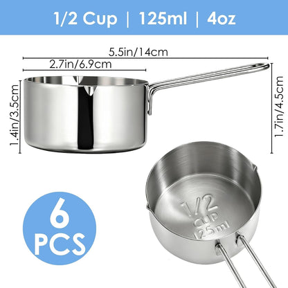 6 Pcs 1/2 Cup (125Ml) Stainless Steel Measuring Scoops, Metal Measuring Cups with Handle for Dog Food, Coffee, Baking, Cooking, Dishwasher Safe2