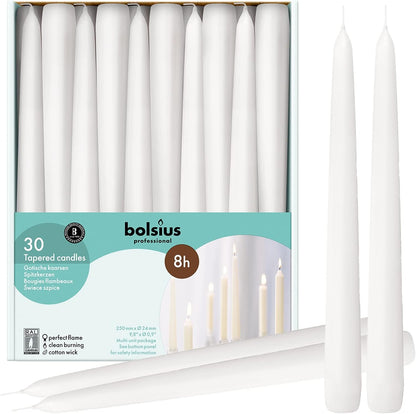 Long White Taper Candles - Bulk Pack of 30 Count - 10-Inch Unscented Household Candlesticks - Premium European Quality Wax - 8 Hour Long Burning Candles for Home Décor, Weddings & Parties1