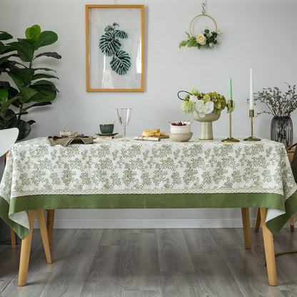 Rustic Tablecloth Solid Cotton Fabric Bordered Retro Tablecloths Classic Plant Leaf Printed Linen Fabric Table Cover Farmhouse Decoration 55X102 Inches Rectangle/Oblong Green for Kitchen4