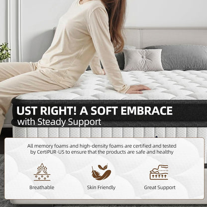 King Size Mattress, 12 Inch Hybrid Medium Firm Feel, Individually Wrapped Coils for Motion Isolation & Cool Memory Foam, White, Certipur-Us Certified6