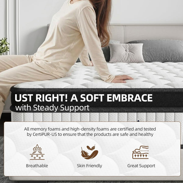 Full Size Mattress, 12 Inch Hybrid Medium Firm Feel, Individually Wrapped Coils for Motion Isolation & Cool Memory Foam, White, Certipur-Us Certified4