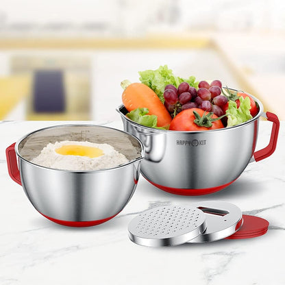 304 Mixing Bowls with Lids Set of 2,Stainless Steel Mixing Bowl with Pour Spout, Non-Slip Handle and Bottoms, 3 Grater Attachments, Measurement Marks & Lid, Size 5QT, 3Qt(Red)6