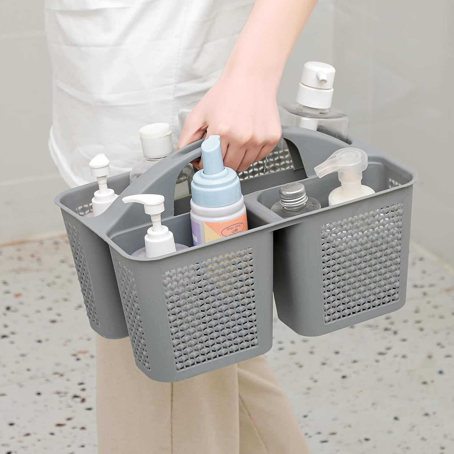 plastic-portable-shower-caddy-basket-with-handle-3-compartments-grey