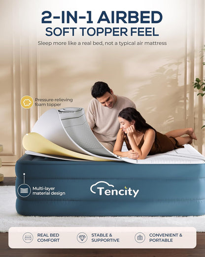 Fast Inflate Airbed, Quiet & Comfortable Blow up Bed for Home Guests, Camping, Travel, Luxury Air Mattress W/Quilted Foam Topper, Extra Firm Support，Blue 20" Queen，20" Queen (U.S. Standard)3